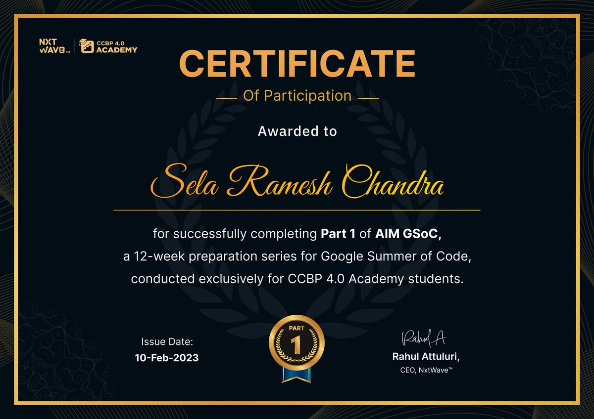 SRamesh1922's tweet photo. Hii Everyone :)
I got my certificate for completing part-1 of AIM GSoC
@rahulattuluri @sashankreddy07 @girishakash13 @anupampedarla #nxtwave #nxtwaveccbp #AIMGSoC #ccbp4.0 #nxtwaveteam https://t.co/vqGeBd4kBk