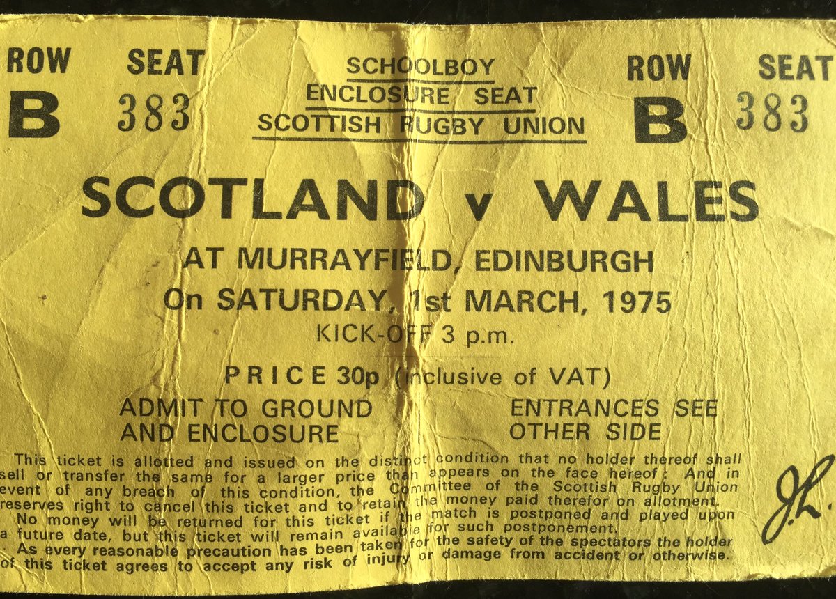 ScottHastings13's tweet photo. My first ever #SCOTvWAL #5Nations match that I ever went to! 104,000 fans attended at Murrayfield & @Scotlandteam won 12-10! I sat on the dead ball line as a Welshman had taken my seat! Note the ticket price 30p! #6Nations Can’t wait for more of the same passion today! https://t.co/phfJ2bXqdv