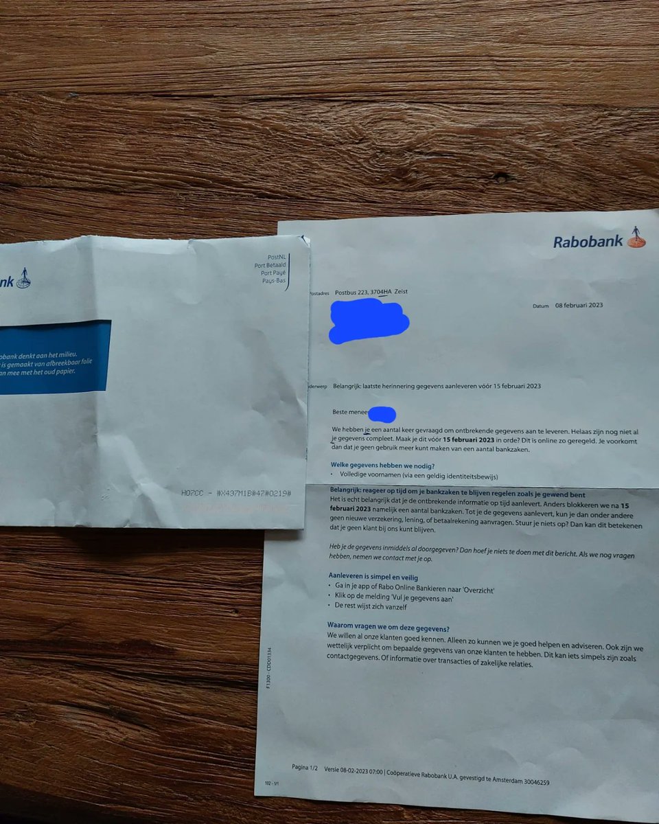 EckVerweij's tweet photo. LET OP!!! Mijn ouders ontvingen deze brief vandaag bij de post, is nep!! Ze spreken van je ipv u, links zonder https:// en teken op envelop zonder kleur. Graag delen zodat iedereen gewaarschuwd is!!! #scam #rabobank #oplichting #fraude #politie https://t.co/tnA7TdOcO2