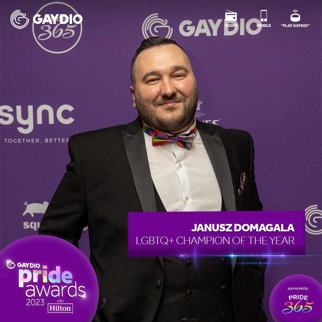 Gaydio's tweet photo. A huge congratulations to all of our winners at the first ever #GaydioPrideAwards with @Hilton 🤩 Give it up for our LGBTQ+ Champion... @januszbakes ✨ https://t.co/mGRgUWj6qe