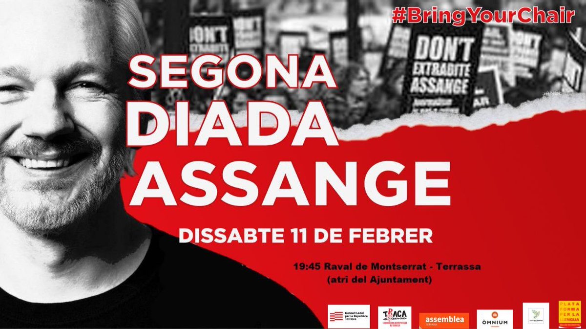 Traca_Trs's tweet photo. 📢2a Diada de suport a #Assange

🗓️Avui dissabte 11 de febrer
⏰A les 19:45
📍Davant ajuntament de #Terrassa

#NightCarnival2FreeAssange

Convoquen:
@ConsellxRTrsa
@trsxlaindepe
@omniumterrassa
@PLVallesOcc
@Traca_Trs

Signa a  https://t.co/5h2cAbjYFe

#FreePressNOW
#FreeAssange https://t.co/myzXMzLTwp