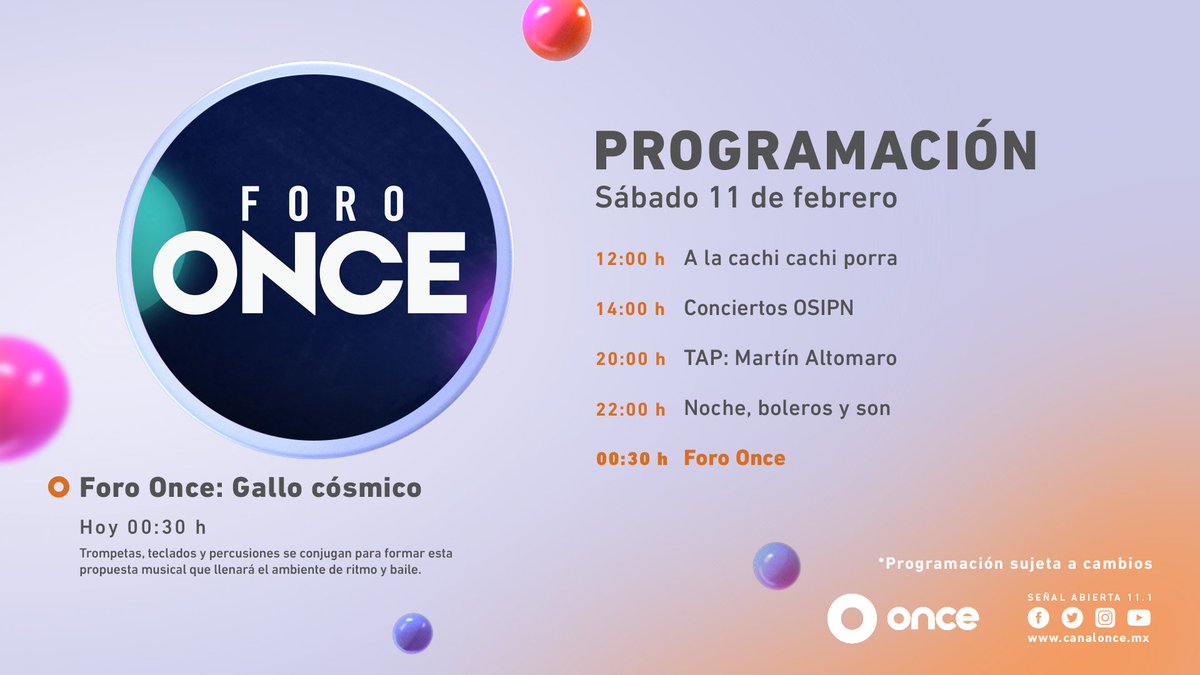 CanalOnceTV's tweet photo. ¡Los sábados en #ElOnce son musicales con #ForoOnce! A medianoche acompáñame a conocer al grupo musical @gallo_cosmico.
Si te gusta la música electrónica instrumental, no te lo puedes perder 😎🎵. https://t.co/LBf3bU1mr3