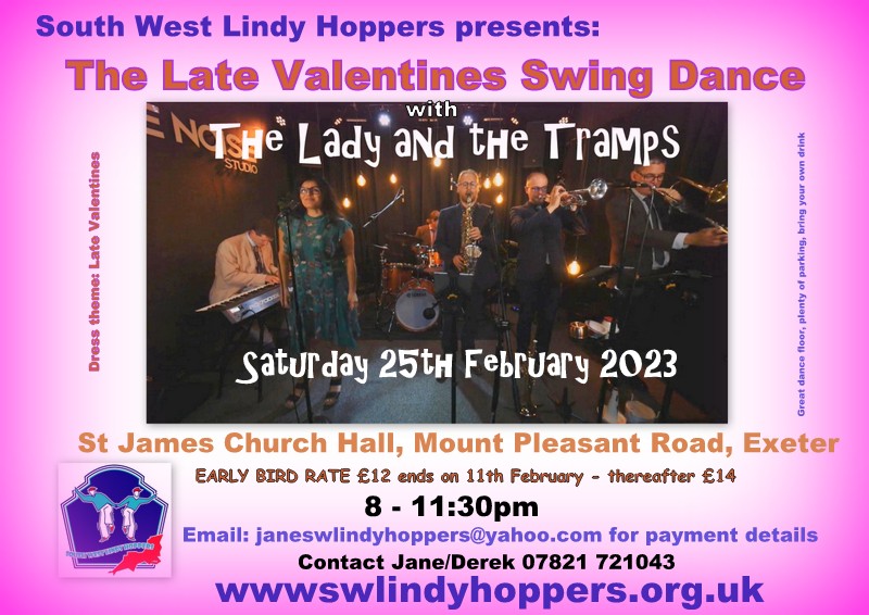 SWLindyHoppers's tweet photo. Swing dance with #TheLadyandthetrampsswingband on 25th February Early bird rate £12 end 11th February dont miss out! email janeswlindyhoppers@yahoo.com for payment details. #Swingdance #Swingmusic #livemusic #Exeter #Exeterlive #Exeterevents https://t.co/ABgbWODchS