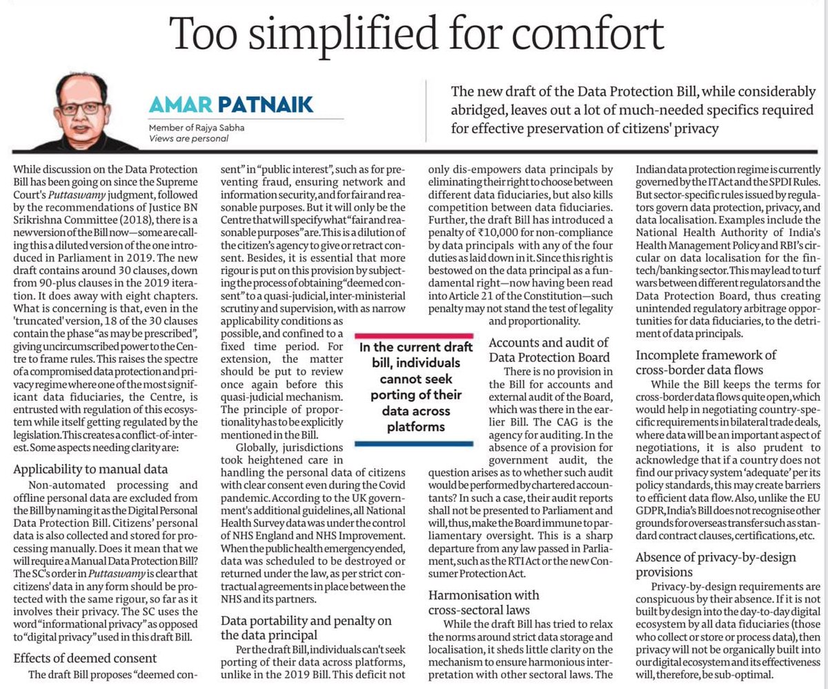 Amar4Odisha's tweet photo. My article on the new draft of the #DataProtectionBill in @FinancialXpress. I discuss key faultlines in the draft, from compromised #citizenprivacy to the lack of external audits & potential challenges that may arise with cross-border data flow. Look forward to your feedback! https://t.co/ZUSqEsZIMG