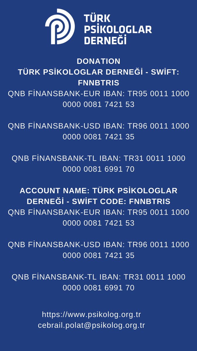 Dear international friends, 
We call on you to support psychosocial support activities in the aftermath of the earthquakes in Turkey. You can use the information below for financial support 🙏 <a href="/APA/">American Psychological Association</a> <a href="/easpinfo/">EASP</a> <a href="/PsyArXivBot/">PsyArXiv-bot</a> @personalityEAPP (<a href="/TPDBilgi/">Türk Psikologlar Derneği</a> )