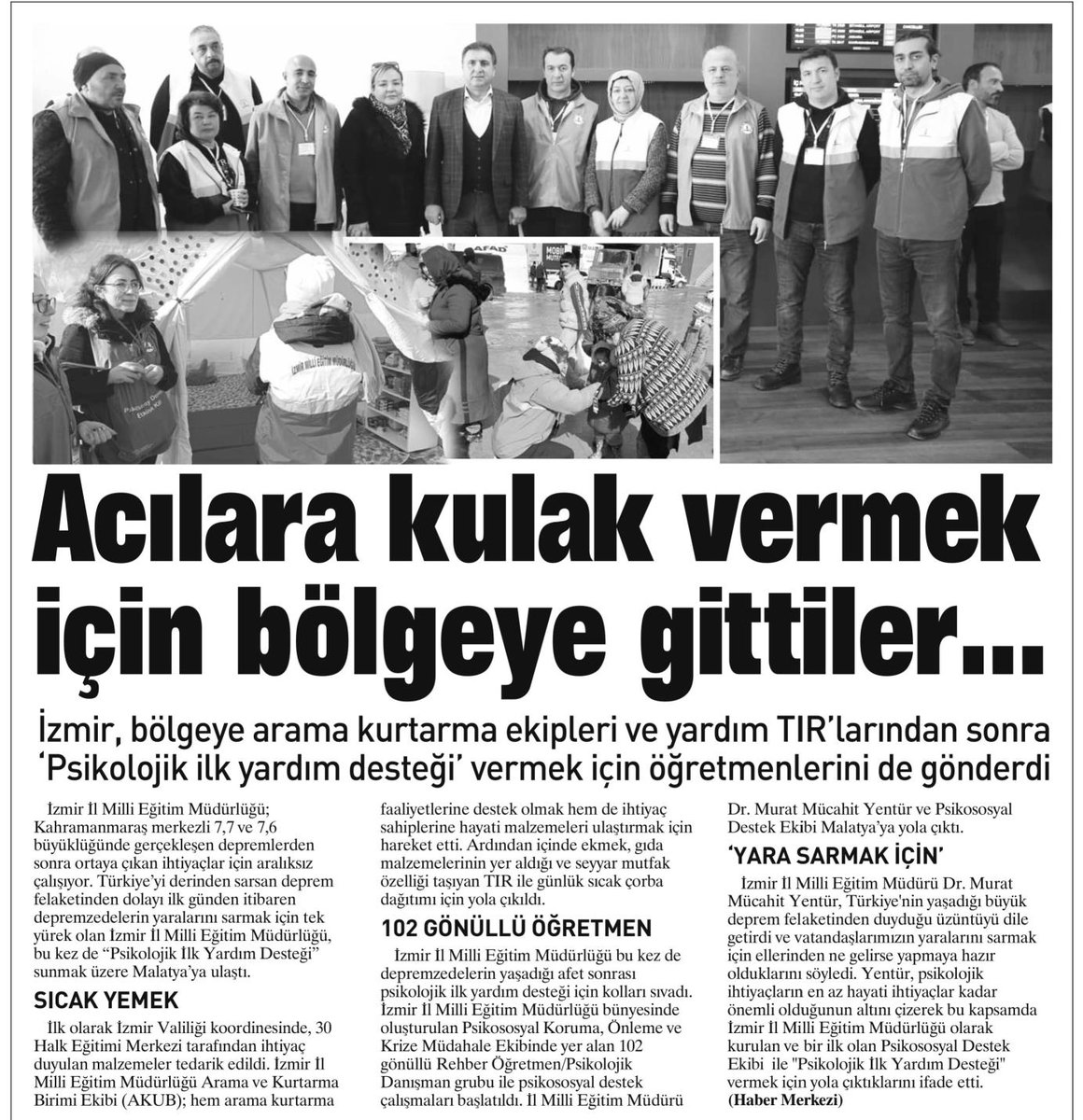 izmir_ilmem's tweet photo. Rehber Öğretmenlerimizden oluşan Psikososyal Destek Ekibimiz, İl Milli Eğitim Müdürümüz Dr. Murat Mücahit Yentür'ün liderliğinde #deprem bölgesi Malatya'da "Psikolojik İlk Yardım Desteği" verecek. https://t.co/bUhPPdKZnC