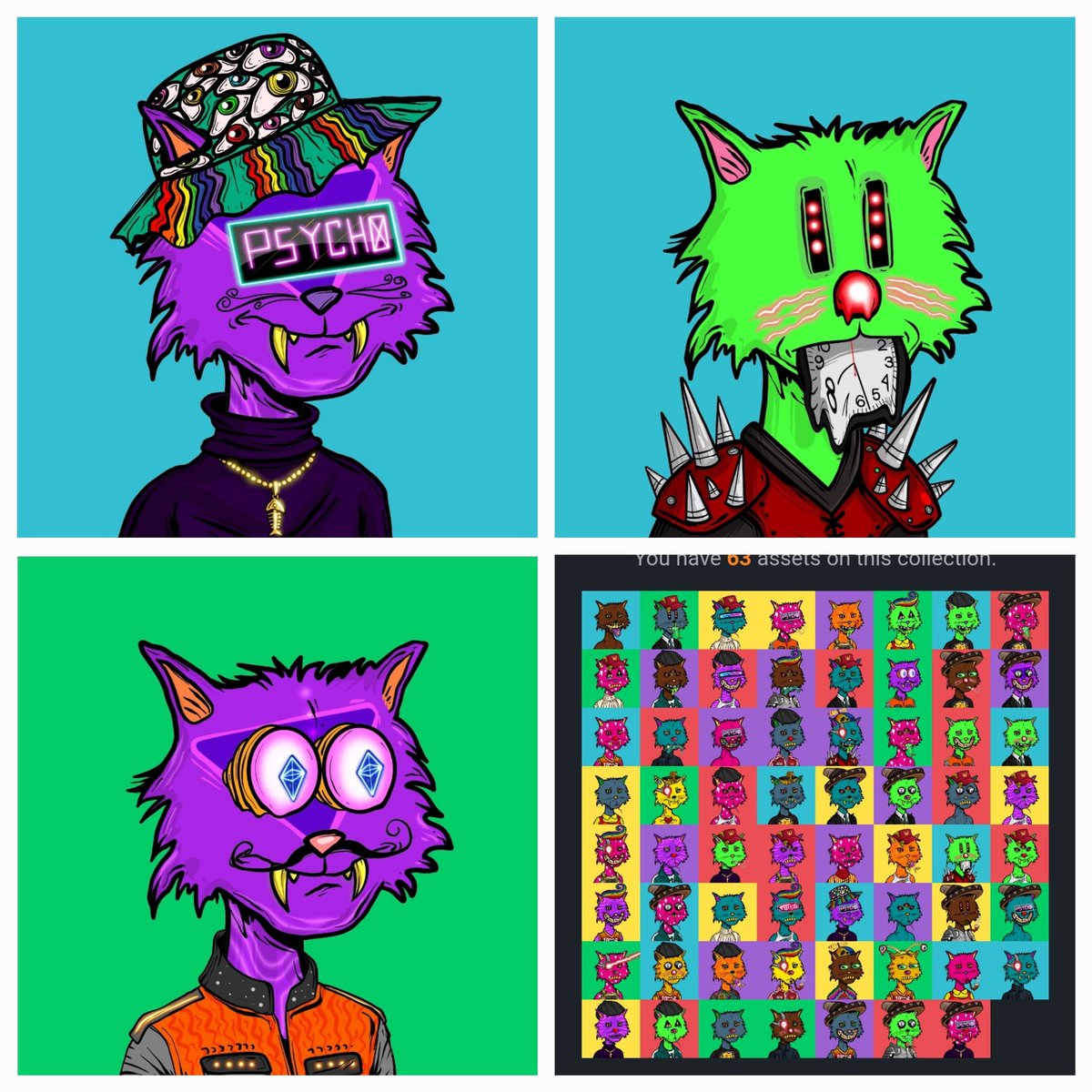 Asdogsnft's tweet image. A few extra #psychokitty added . #polygon migration soon. #Psychokitties vs #madhares quantum frenzy launch coming soon. Token drop. P2E. Talented artists @Ugonzo_art and @ElRealGenius .