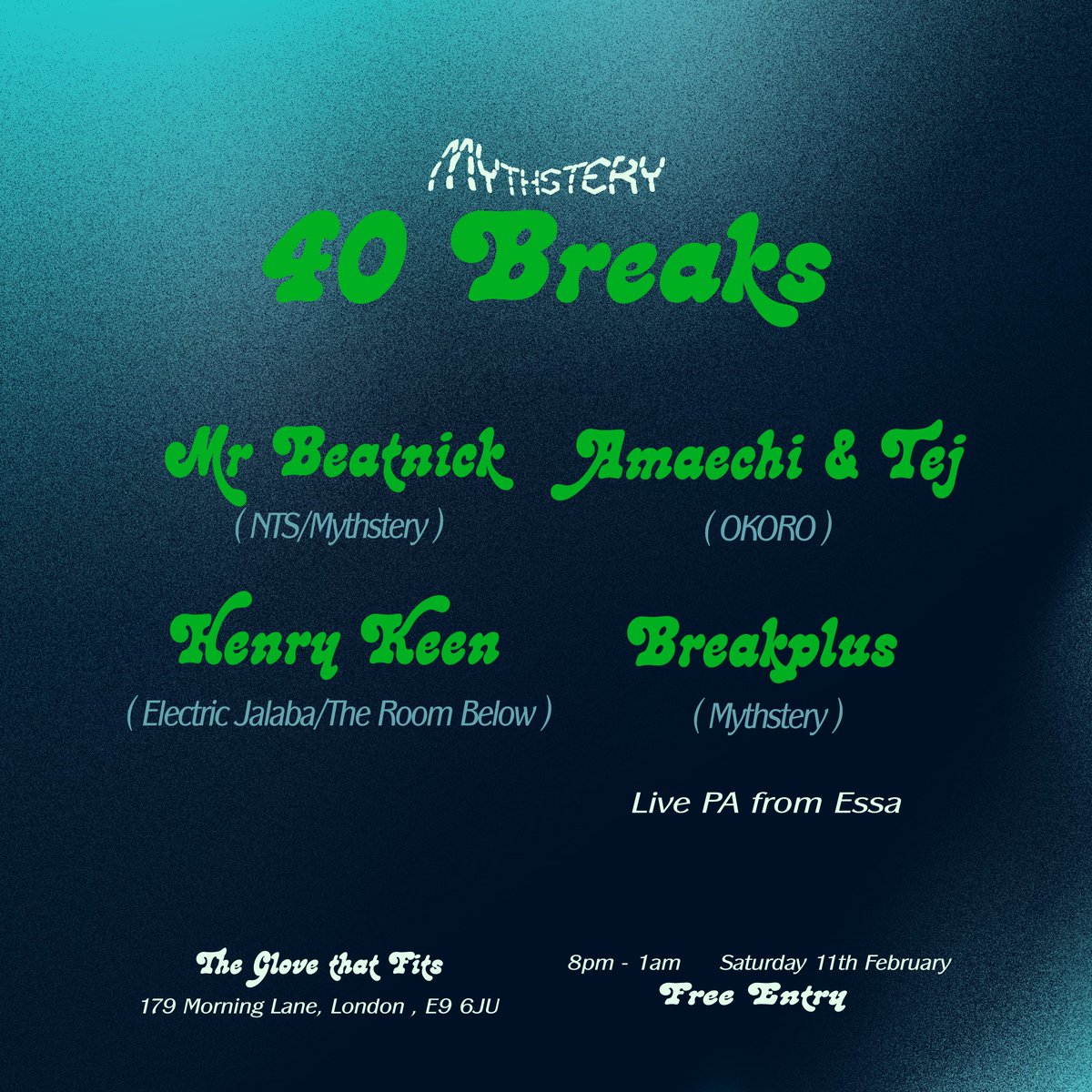 mythsteryrecs's tweet image. Doing a free entry jam at The Glove That Fits in Hackney tonight - lineup goes from hip hop and spaced out psych-funk to amapiano and kuduro - Essa doing a live PA too - pass through if you’re about. Details &amp;gt; ra.co/events/1650250