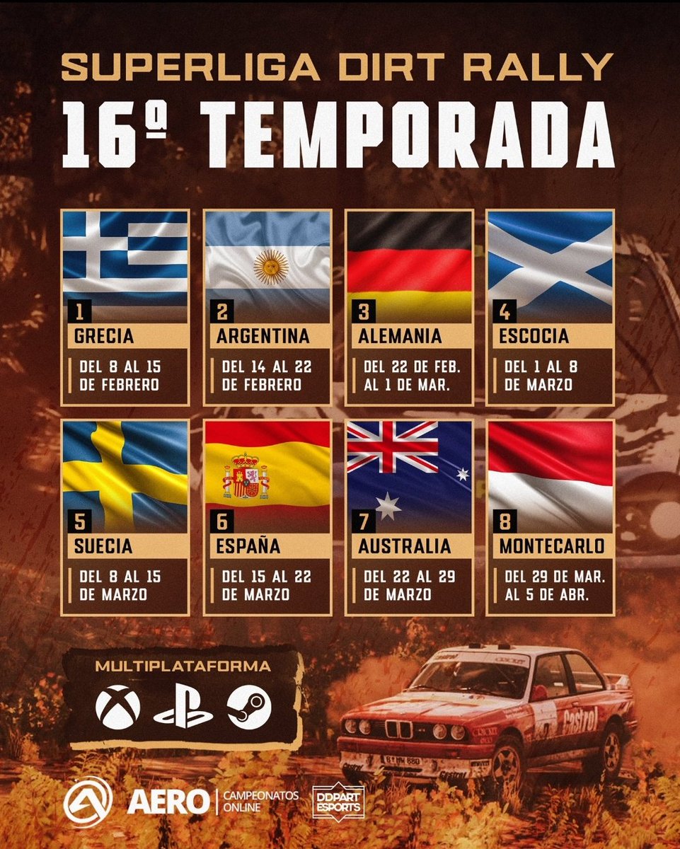 HiTEC_eSports's tweet photo. #DIRTRALLY⚫🟠⚪
🆕 Temporada @SuperRallyAero @AERO_esp @Seter85
🔛 Superliga Dirt Rally T-16
1a Div
#ARBURUA2
#CRACING4
#DAVIDWAS22
#HUESCON27
#HANKLEIT33
#CRISTIAN44
#TEMBER64
#JDB66
#BERRI69
#CHOLL74
#CARROCO76
#CANARIO97
2a Div
#XINO87
Infografía: @ddpartesports https://t.co/2AjGPl10DK