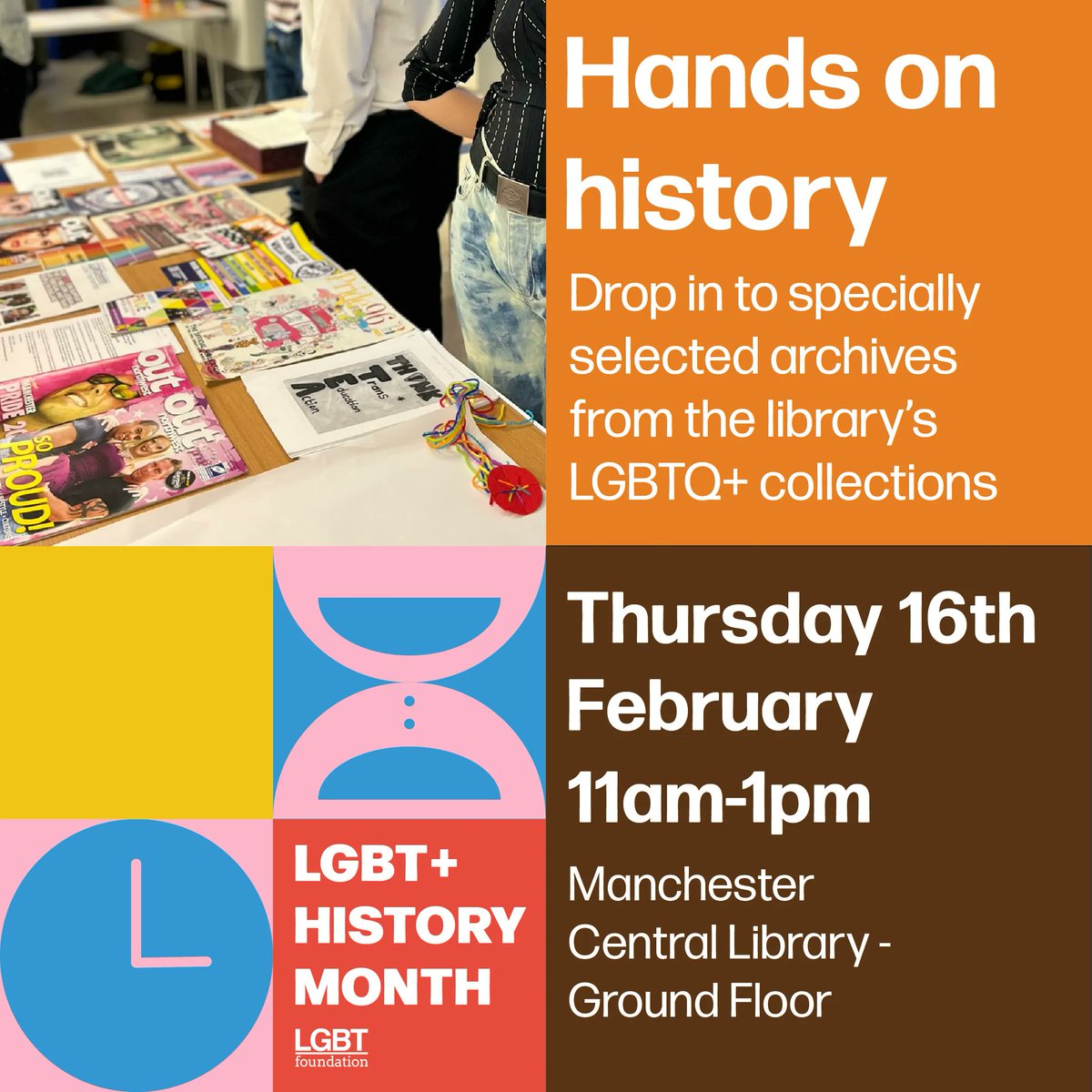 Drop in to MCR Central Library from 11-1 on 16th February to see LGBT History Month themed items illustrating our rich history of local activism and community organising in Manchester and beyond.  

For any questions about this event please email prideinageing@lgbt.foundation.