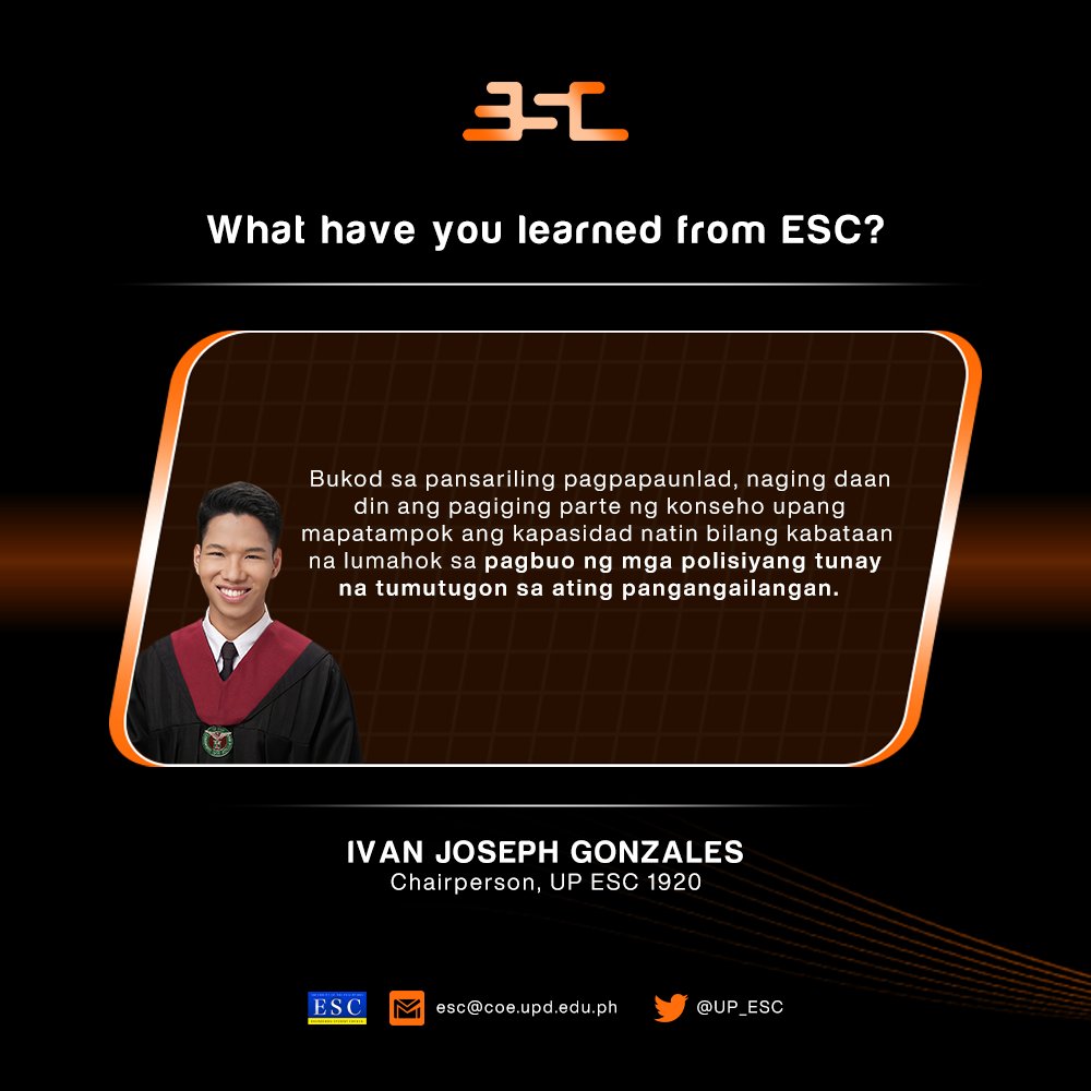UP_ESC's tweet photo. [ESC Application Testimonial]
Still unsure whether to submit that application or not? Here's what UP ESC 1920's Chairperson, Ivan Joseph Gonzales, has to say about the council!

#AdvanceAhead  
#ESC2223 https://t.co/0eNu3IjoTn