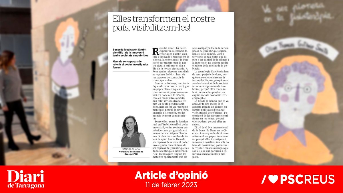 pscreus's tweet photo. ✅ "Durant molts anys les científiques de casa nostra han jugat un paper clau en la transformació de #Reus, però massa sovint han estat invisibilitzades"

👉 La candidata a l'alcaldia @sandrage76 escriu un article al @diaridtarragona en el marc del #DiaDonaiNenaCiencia https://t.co/k9O9aGlblI