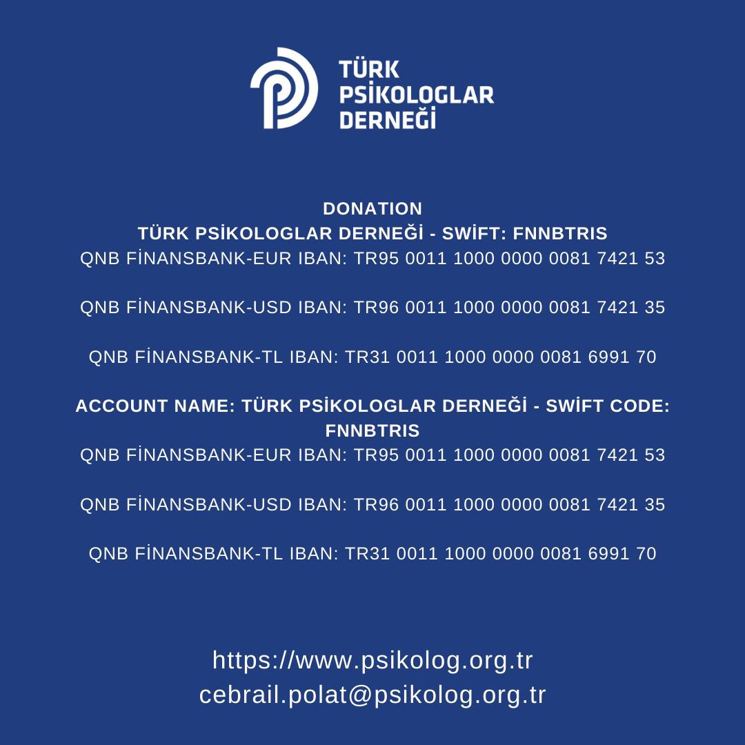 Sevgili meslektaşlarım, değerli hocalarım,

Derneğimizin - <a href="/TPDBilgi/">Türk Psikologlar Derneği</a> - gönüllü psikologlarının deprem sonrası psikososyal destek çalışmalarında yer alabilmesi için desteğe ihtiyacı vardır. Bu konuda yardımlarınızı rica ederiz.