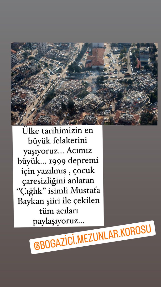 bogazicikorosu's tweet photo. Ülke tarihimizin en büyük felaketini yaşıyoruz… Acımız büyük… 1999 depremi için yazılmış , çocuk çaresizliğini anlatan ‘’Çığlık’’ isimli Mustafa Baykan şiiri ile çekilen tüm acıları paylaşıyoruz.

#BoğaziçiMezunlarKorosu
#Deprem #Çığlık #2023depremi https://t.co/XTfSXwkmC4