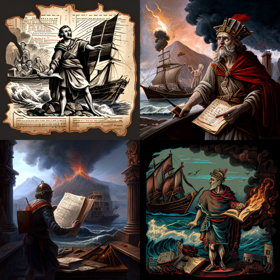 Day 33 of Generative Art:

Pliny the Elder on his Final Voyage, alternate take, comic book style!

#generativeart #AIArtwork #midjourneyAi #midjourneyart #midjourneyV4 #AIArtCommuity #OpenAI #RomanHistory
