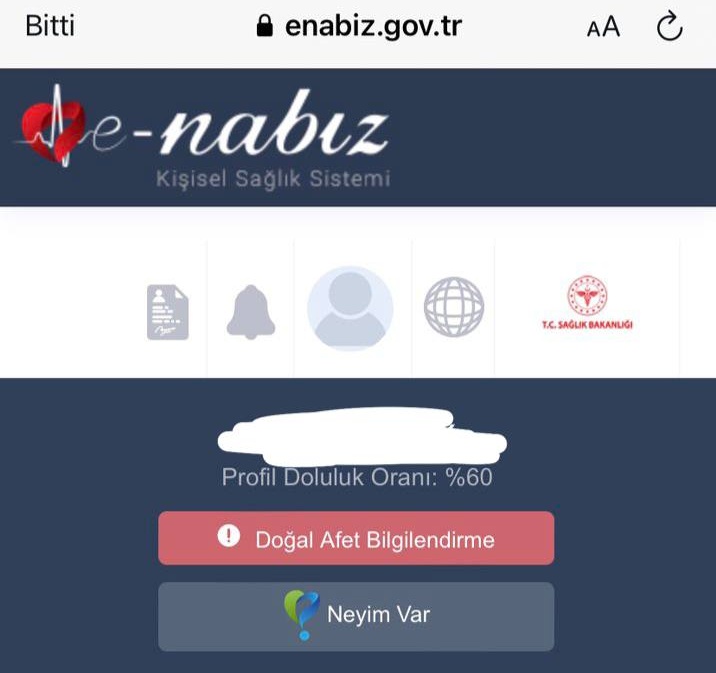 @ulkuhanturkoglu - E-Nabız a giriş yapın
- Doğal Afet Bilgilendirme şeklinde bir bölüm yer alıyor.

Bu kısımda aile isimleri ve kimin nerede olduğu bilgisine ulaşılabilir.