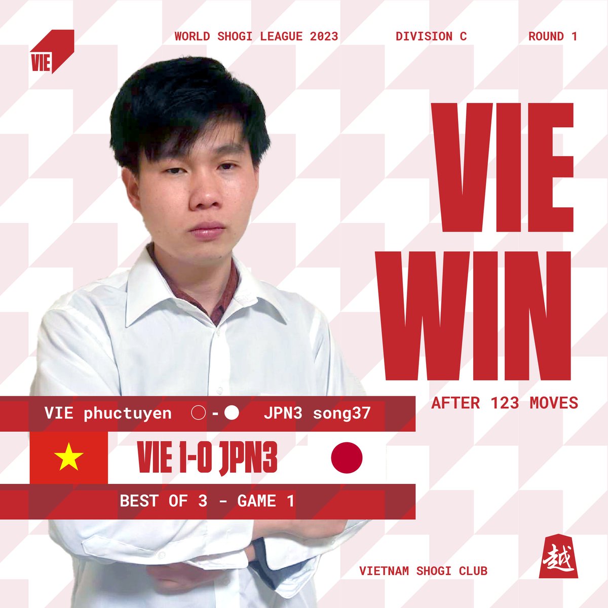 ShogiVietNam's tweet photo. #VIEWIN | #WSL2023 | ROUND 1
VIETNAM 1-0 JAPAN 3 | BO3
Game 1 | phuctuyen ○-● song37
SENTE WINS AFTER 123 MOVES
A banger victory from Tuyền to start off the season 🔥
#worldshogileague #shogivietnam #shogi https://t.co/N7fEJuhEwH