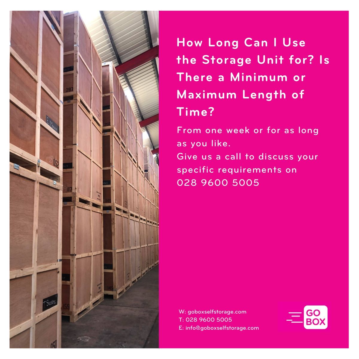 How Long Can I Use the Storage Unit for? Is There a Minimum or Maximum Length of Time?

#businessstorage #archivedocuments #documentstorage #offsitestorage #storage #selfstorage #storageunit #belfast #secure #hybridworking #officefurniture #furniturestorage