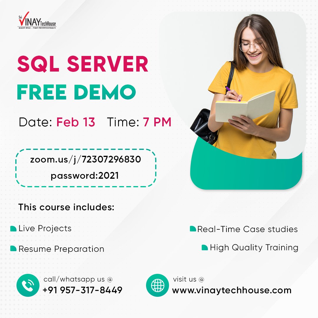 vinay_Techhouse's tweet photo. 🔔 Attend SQL Server ⚠ FREE DEMO on Feb 13 &amp; 14 @ 7 PM IST. Taught by Experienced Professional Mr.Sreedhar. Looking forward to your presence 🤝

Online Link:
https://t.co/dY2YRCFUAq
password:2021

Call Us:+91-95731 68449

#SQLServer #SQLlanguagge #SQL #BusinessIntelligenceSQL https://t.co/yo5VDehWsz