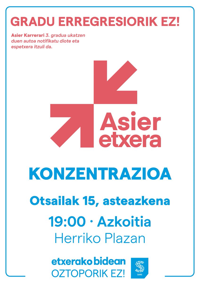 SareAzkoitia's tweet photo. Atzo gauean Asier Karrera preso etxarriarrak eta Azkoitiko bizilaguna denak, espetxera itzuli behar izan zuen AN-k gradu erregresioa aplikatu ondoren. Hori salatzeko datorren asteazkenean, otsailak 15, arratsaldeko 19:00etan Azkoitiko plazan elkartuko gara #AsierEtxera https://t.co/ti1FY2iQ4w