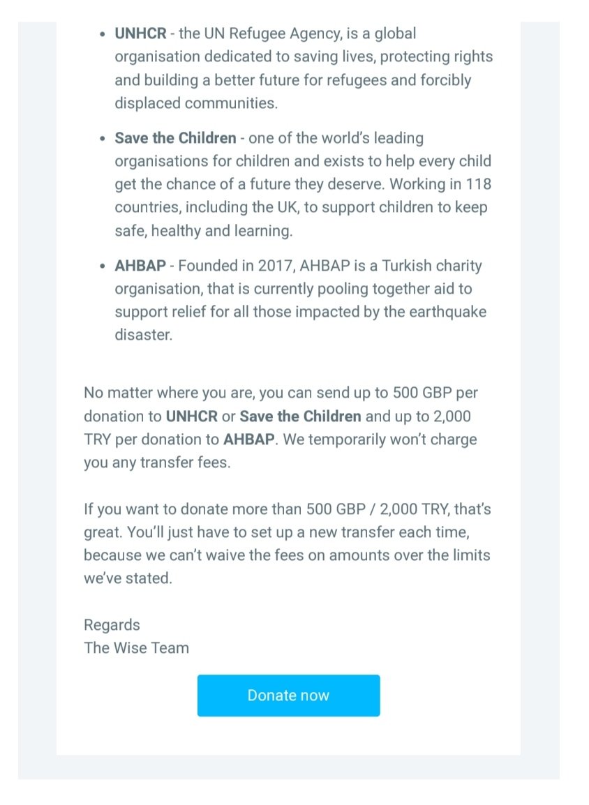 #Wise'dan #eartquakerelief icin bir kolaylık... Güvenilir, hızlı ve uygun bulduğum bir para gönderme şekliydi. Şimdi daha çok sevdim. Ucret kesintisi olmadan bagislarimizi gonderebiliyoruz...🙏💛 #AhbapDernegi #depremyardimi