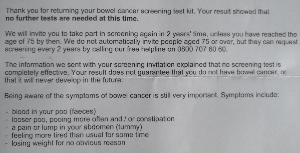 kpc1875's tweet photo. Posted my poo on Monday, results back today. A free #NHS #screening service, nothing to lose by participating. Next week, #prostate blood tests. If something is up, I'd rather know. #catchitearly https://t.co/XRnVewjqq7