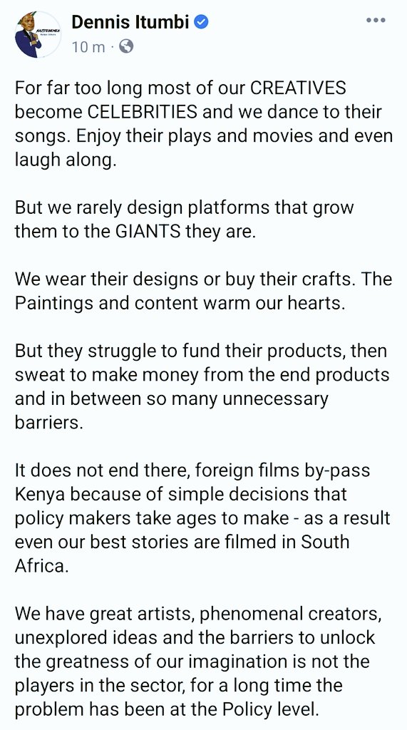 OleItumbi's tweet image. The Creative Economy should benefit its players. Global Film Makers should no longer by-pass Kenya. Our own stories should no longer be filmed in SA because of our rigidity. CS @AbabuNamwamba I accept the challenge to design the SOLUTIONS. Asante sana. I love the Assignment.