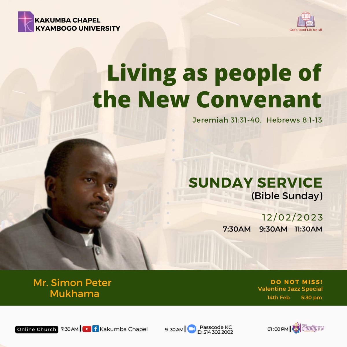BIBLE SUNDAY Topic: Living as People of the New Covenant. ( Jer 31:31-40, Heb 8:1-13) Preacher: Mr. Simon Peter Mukhama Here is another opportunity to support the work of Bible society of Uganda in all services, Purpose to set a side a contribution towards this Cause, Blessings