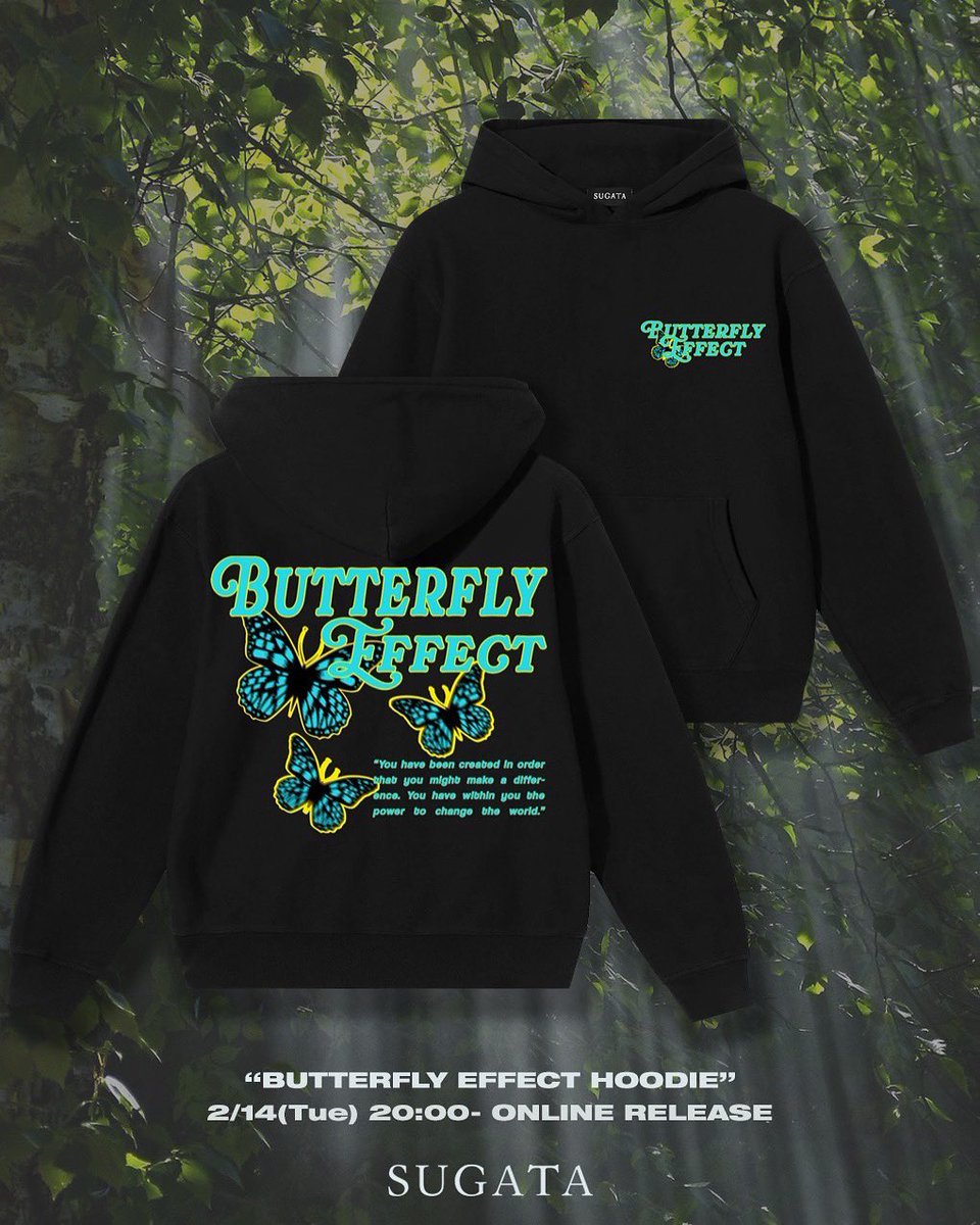 sugataofficial's tweet photo. 【SUGATA】
「BUTTERFLY EFFECT HOODIE」¥13,000 (税抜)

2/14 (火)20時よりオンラインストアにて受注販売を致します。

［受注受付期間］
2/14(火) 20:00 ~ 2/21(火) 17:00
※3月上旬より発送開始を予定しております。 https://t.co/KcyMDpduoY