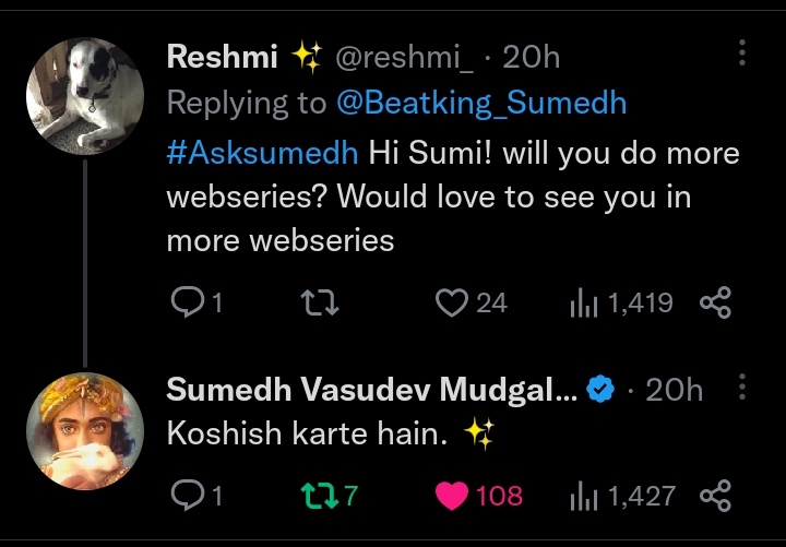 SumedhHeartbeat's tweet photo. • 10.02.2023 •

Congratulations to all those who got replies. ❤️

[Part 1]

#AskSumedh • #SumedhMudgalkar https://t.co/NJ3MQXnaNy