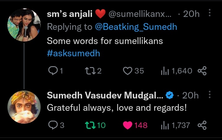 SumedhHeartbeat's tweet photo. • 10.02.2023 •

Congratulations to all those who got replies. ❤️

[Part 1]

#AskSumedh • #SumedhMudgalkar https://t.co/NJ3MQXnaNy