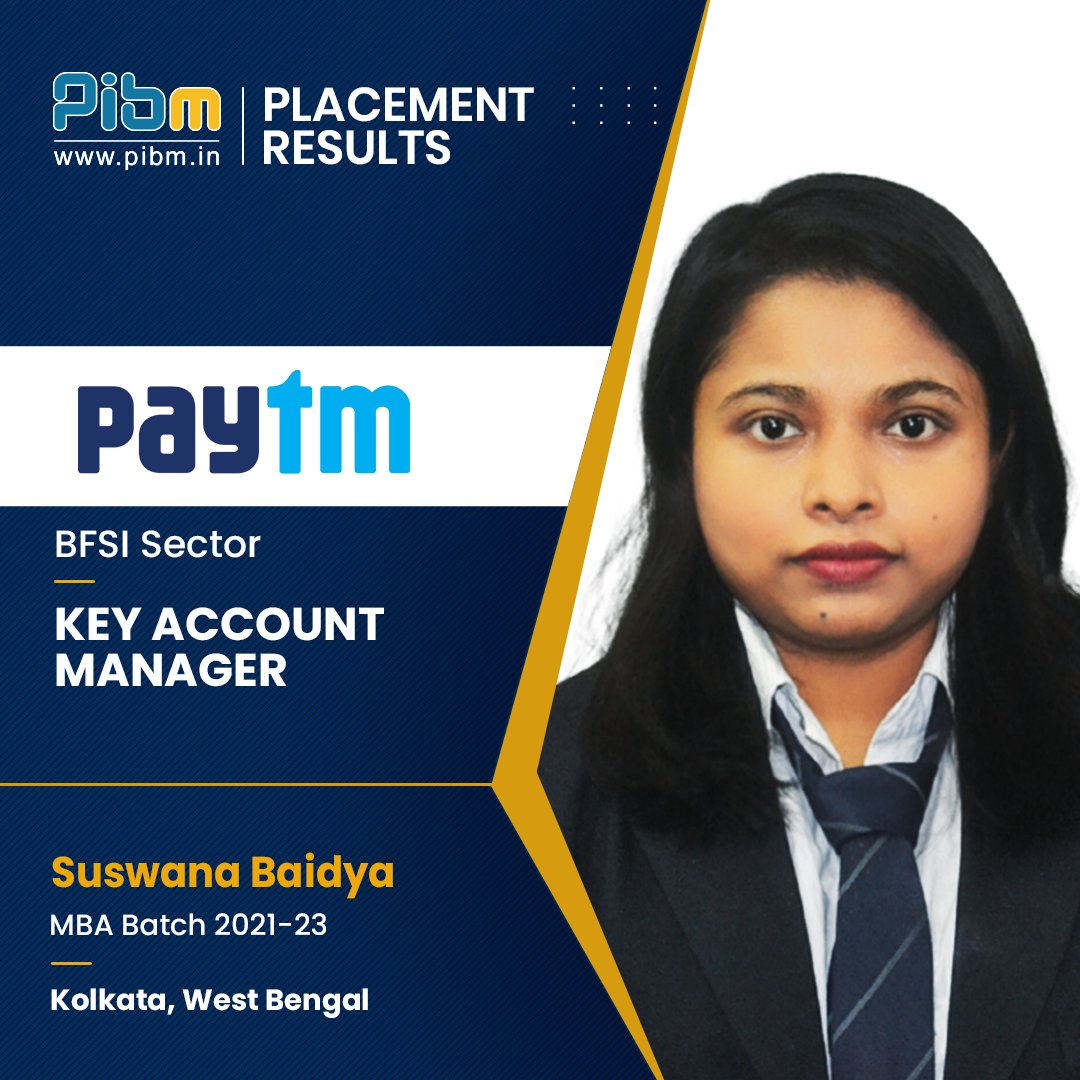 PunePIBM's tweet image. We are delighted to announce that our student Ms. Suswana Baidya of Batch 2021-23 got successfully placed at @Paytm as a #KeyAccountManager.

#Placed #placements #placementnews #placementday #jobdone #Paytm #PIBMPune #MastersWithPIBM #MBA #mbaplacement #mbajobs #PIBMPlacements