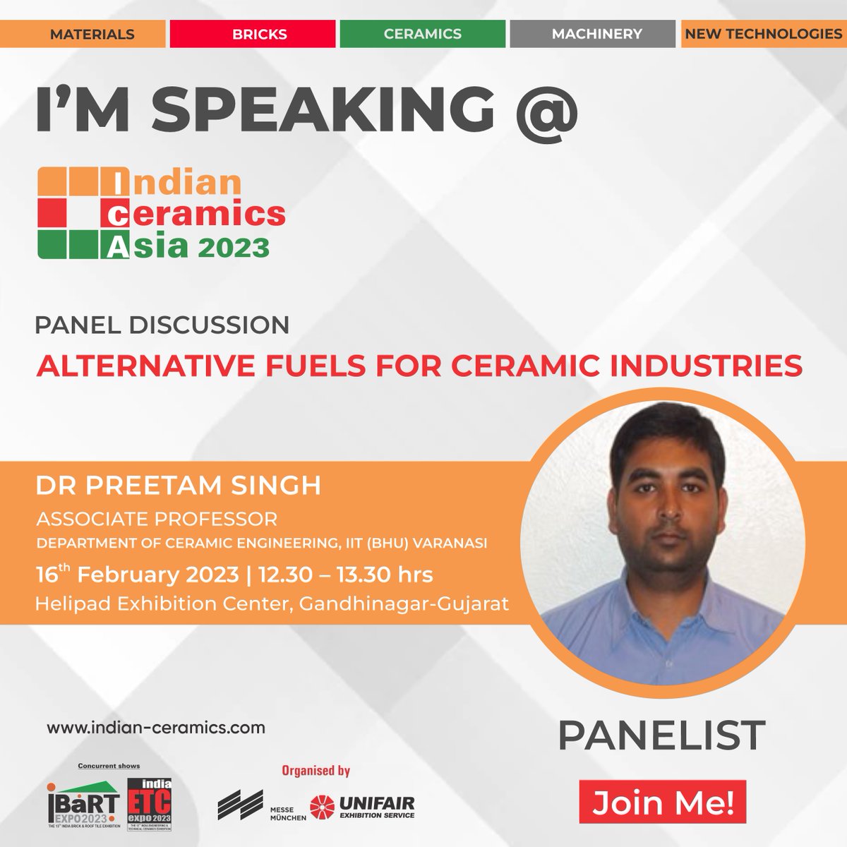Indian_Ceramics's tweet photo. As a distinguished Panelist, Dr. Preetam Singh - will discuss on the topic ‘'Alternative Fuels For Ceramic Industries” at the conference during INDIAN CERAMICS ASIA 2023.
Join him at Indian Ceramics Asia 2023 on 16th Feb 2023, 12:30 hours at Helipad Exhibition Center,
#ica https://t.co/Aq9eQfdck6