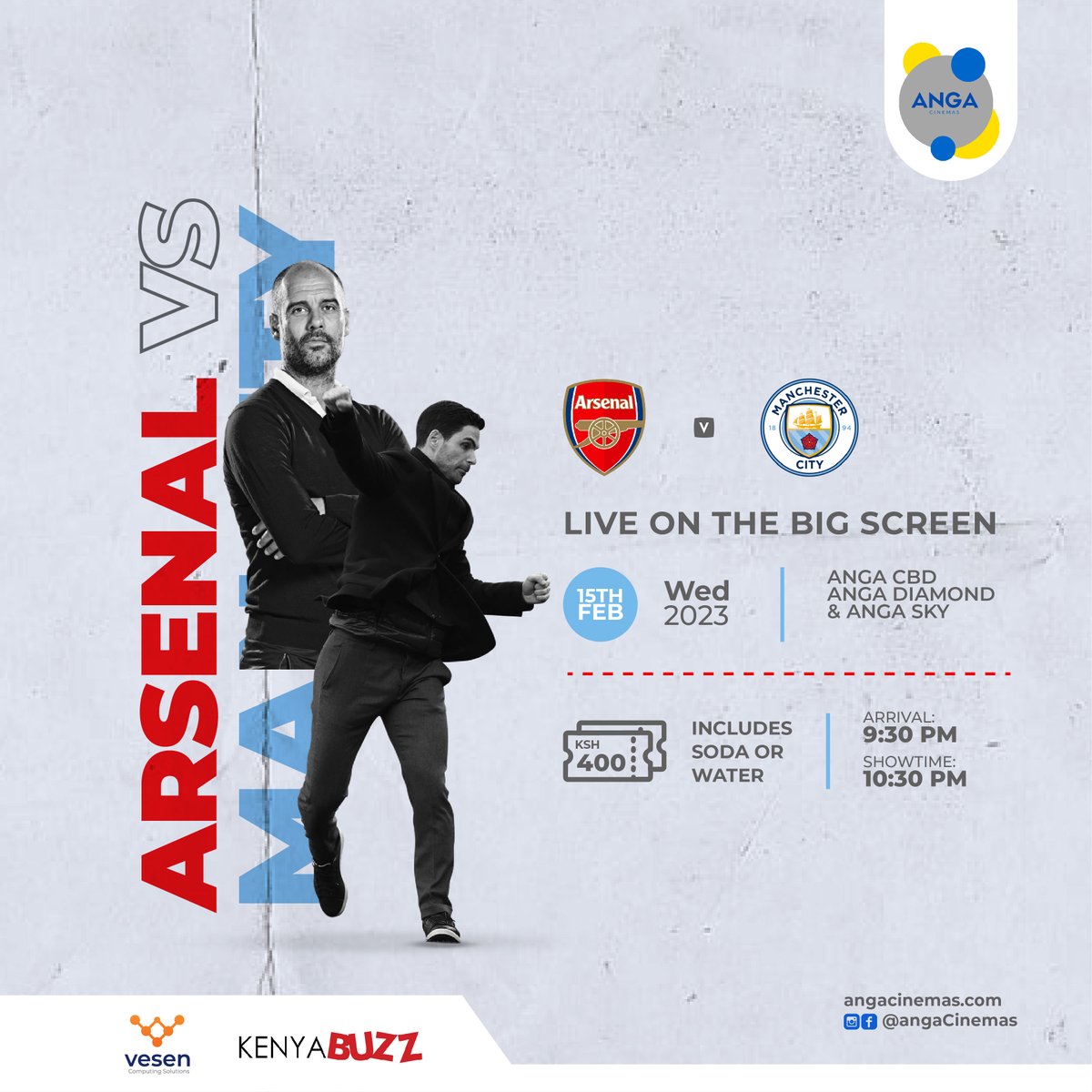 Angacinemas's tweet photo. ARSENAL VS MANCHETER CITY LIVE at all our Anga Cinemas, the biggest sports screens in Kenya.  

LOCATION: CBD, DIAMOND &amp; PANARI  
 
ARSENAL VS MANCHESTER CITY
DATE: WED 15TH FEB
TIME: 10:30PM 
 
BOOK ONLINE: https://t.co/GxRY5SIPrl

#ARSvsMANC 
#AngaSports 
#Angacinemas https://t.co/DaFxa8LafA
