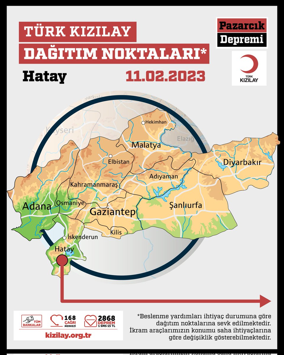 Kizilay's tweet photo. 🟥 DAĞITIM NOKTALARIMIZ
📍 Hatay
📆 11.02.2023 Cumartesi https://t.co/X3DiSak1Eu