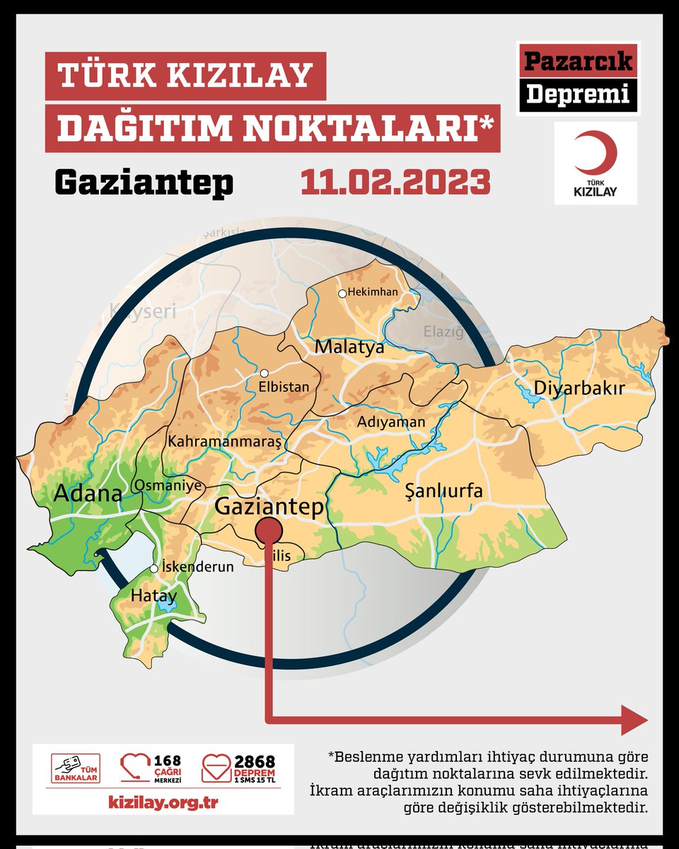 Kizilay's tweet photo. 🟥 DAĞITIM NOKTALARIMIZ
📍 Gaziantep
📆 11.02.2023 Cumartesi https://t.co/kJXgzOoSmn