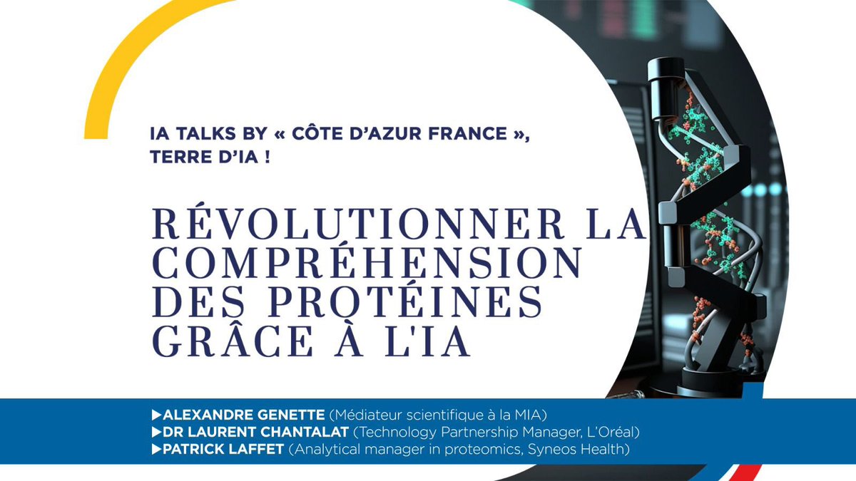 Maison_IA's tweet image. [#WAICF06 #IATALKS 🎙️] by «Côte d’Azur France» Terre d’IA!

RÉVOLUTIONNER LA COMPRÉHENSION DES PROTÉINES GRACE À L’IA avec⬇️
✔️ALEXANDRE GENETTE @maison_ia
✔️DR LAURENT CHANTALAT @lorealfrance
✔️PATRICK LAFFET @SyneosHealth

Live sur notre chaîne YouTube: youtube.com/live/OtmLuswCa…