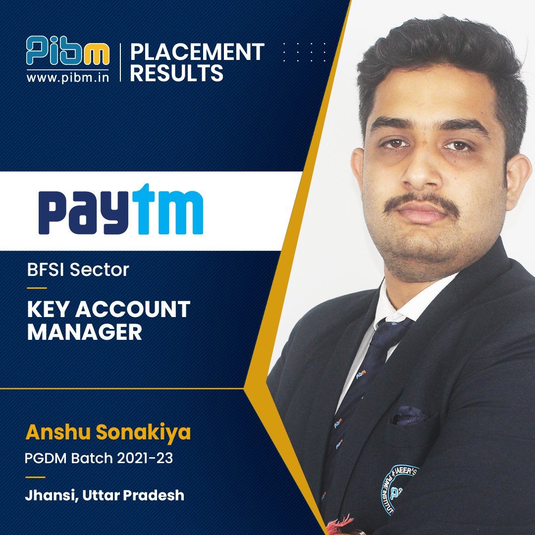 PunePIBM's tweet image. We are glad to announce that our student Mr. Anshu Sonakiya of Batch 2021-23 got successfully placed at @Paytm as a #KeyAccountManager.

#Placed #placements #job #jobpost #jobdone #Paytm #PIBMPune #MastersWithPIBM #MBA #mbaplacement #mbajobs #PGDM #pgdmprogram #PIBMPlacements