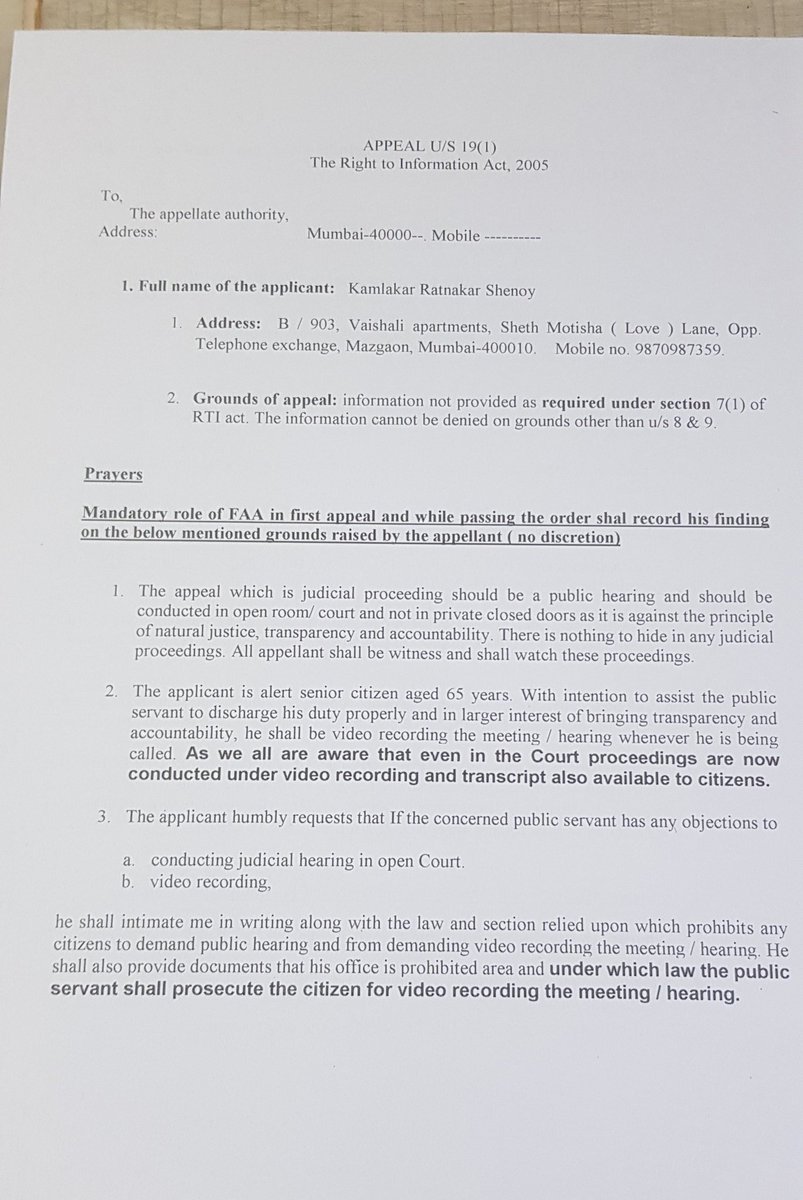 Kamlakar_Shenoy's tweet photo. Format RTI APPLICATION 
RTI APPEAL
Please use/share to all. demand video recording/ open door hearings in Quazi judicial/official meetings heard/ seen by public. @CPMumbaiPolice @IASassociation @IPS_Association @IqbalSinghChah2 @mybmc @MumbaiPolice @MhadaMitra @suchetadalal https://t.co/h2P3y2lnrg