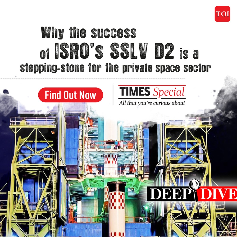 TimesSpecialTOI's tweet photo. ISRO successfully launched a small satellite launch vehicle SSLV D2 and placed three satellites in intended orbits. What does this launch mean for India’s space sector? Find out on #TimesSpecial. To read or listen, click : https://t.co/LgYTGE0alB
#ISRO #SSLVD2 https://t.co/Xzvus5IUTD