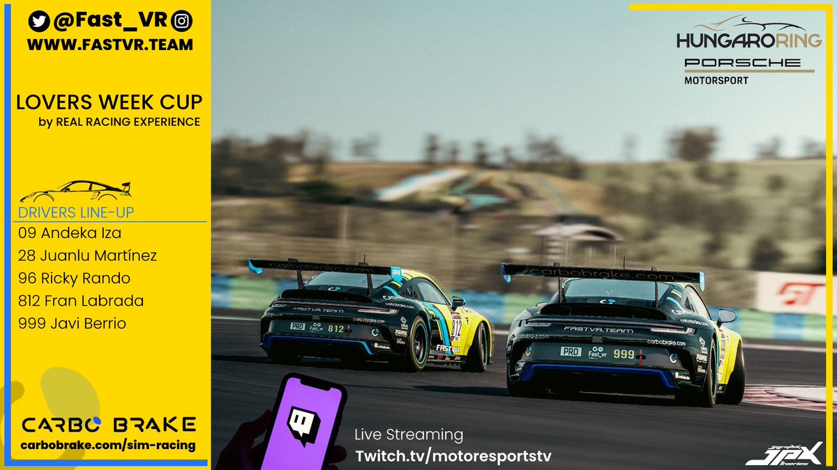 🏁 RACE DAY 🏁

📌 Lovers Week Cup by <a href="/RealRacingExp/">Real Racing Experience (RRE)</a> 

👤 <a href="/Ande4699/">Andeka9.9</a>
👤 <a href="/Juanlumarlop/">Juanlu</a>
👤 <a href="/RandoRicky/">Ricky Rando</a>
👤 <a href="/Fran160300/">WhyToreHD</a>
👤 <a href="/jberrio93/">Berrio 07</a> 

🏎️ Porsche 911 Cup (992)
🌍 Hungaroring
⏰ A partir de las 21:35 horas
⏱️ Carrera 60'
📹 twitch.tv/motoresportstv

Suerte chicos!

#GoFastVR
#beACC