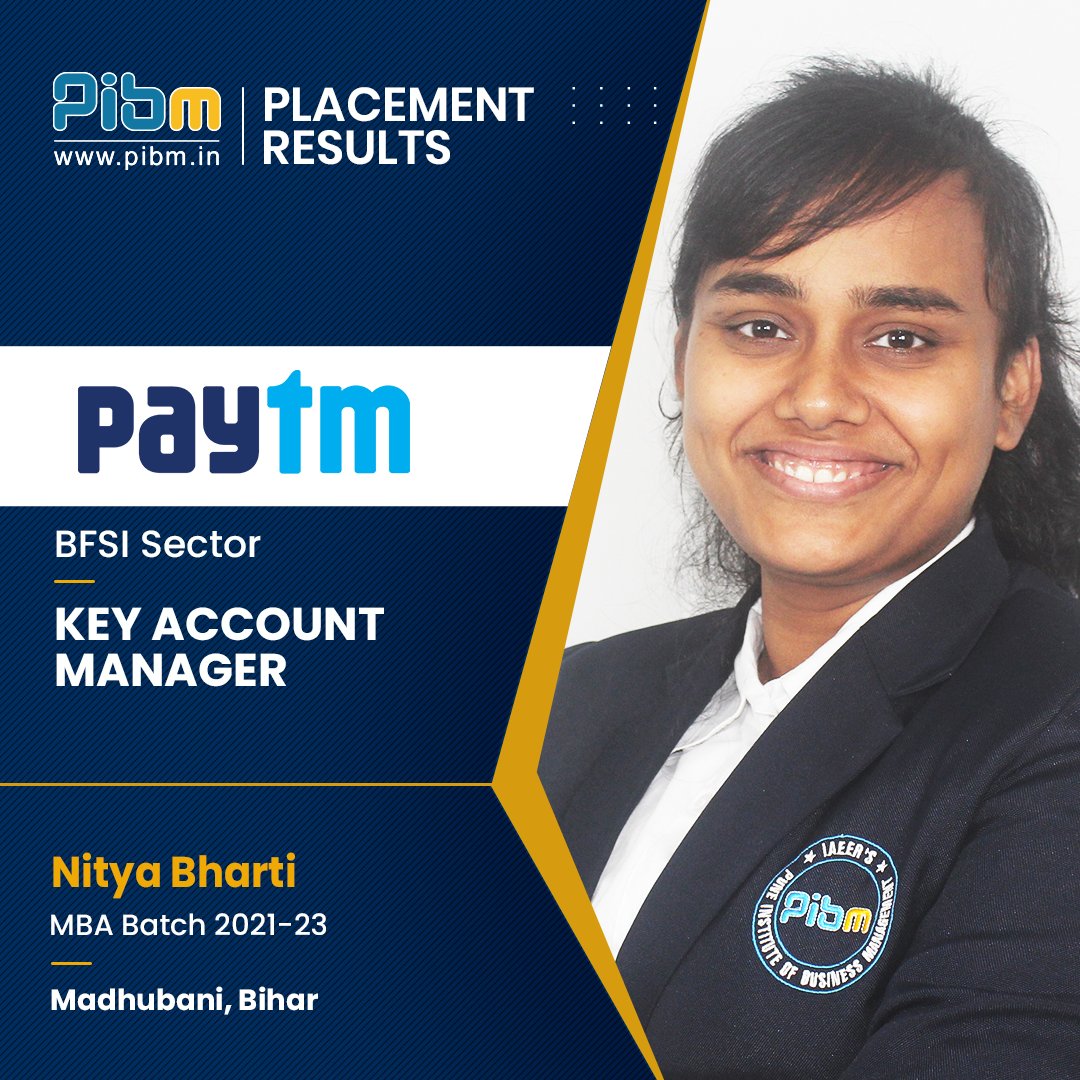 PunePIBM's tweet image. We are delighted to announce that our student Ms. Nitya Bharti of Batch 2021-23 got successfully placed at @Paytm as a #KeyAccountManager.

#Placed #placements #job #jobpost #jobdone #Paytm #PIBMPune #MastersWithPIBM #MBA #mbaplacement #mbajobs #PGDM #pgdmprogram #PIBMPlacements