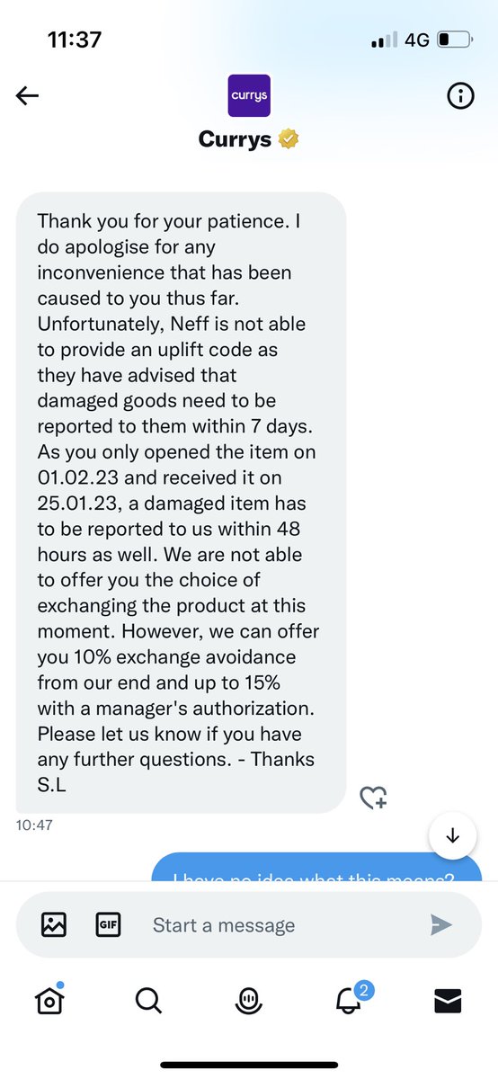 InformareKingPR's tweet photo. @currys unbelievable response form Currys - I have damaged item and they are refusing to replace it. @CurrysServices @currysplc I have never heard such nonsense. https://t.co/BxzMC6CAm0