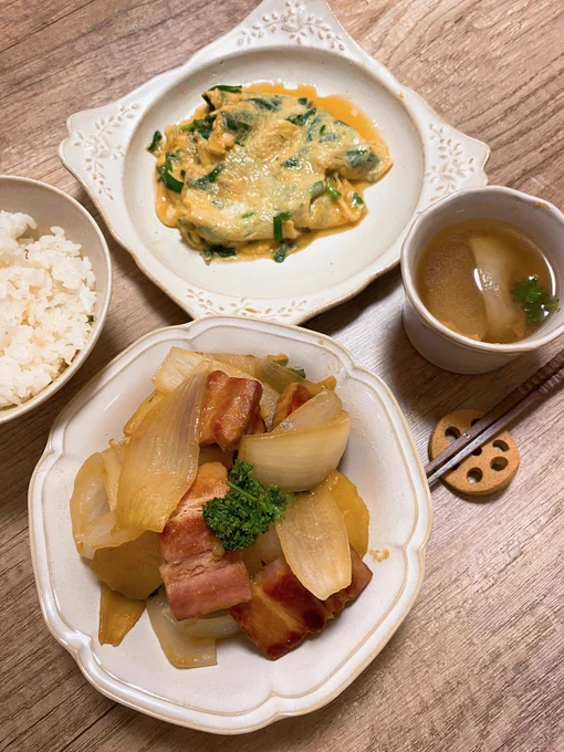 今夜は洋風肉じゃがとニラ玉よ〜失った血液をタンパク質でもりもり作るぜ!!! 