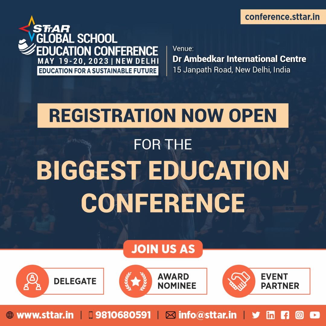 REGISTRATIONS OPEN for the Biggest Educational Conference of 2023! 
Join us as - 
➡️ Delegate
➡️ School/ Teacher Award Nominee 
➡️ Event Partner 

Register by logging onto conference.sttar.in and be part of the grand conference.

#STTARGlobalConference
#STTAR  #Awards