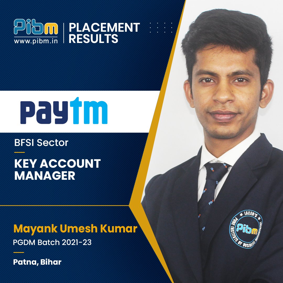 PunePIBM's tweet image. We are delighted to announce that our student Mr. Mayank Kumar of Batch 2021-23 got successfully placed at @Paytm as a #KeyAccountManager.

#Placed #jobplacement #placementnews #placementday #job #jobpost #Paytm #PIBMPune #MastersWithPIBM #MBA #PGDM #pgdmprogram #PIBMPlacements