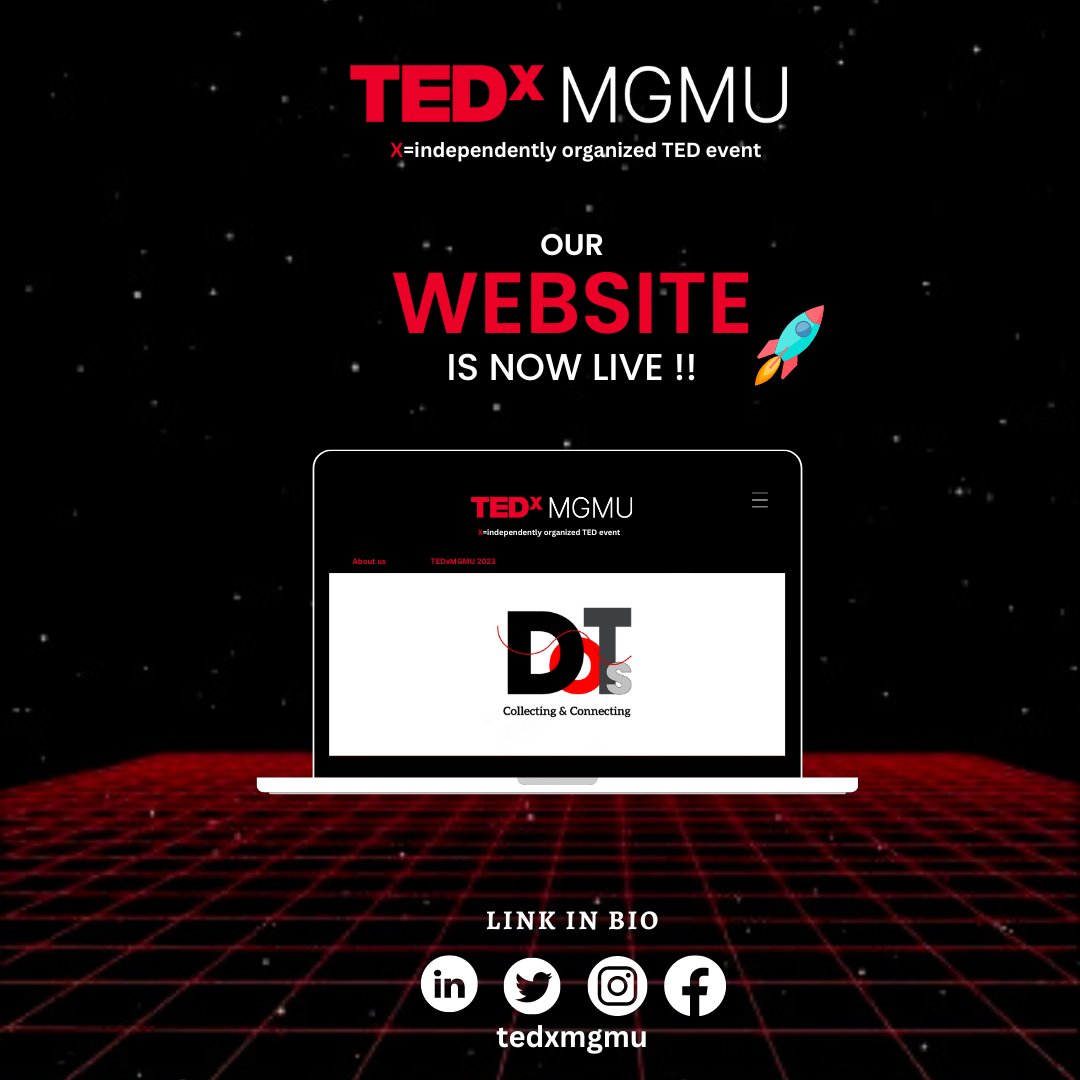 tedxmgmu's tweet photo. "Get Ready to Connect and Collect Dots of Inspiration as we Unveil the Launch of TEDxMGMU's Official Website"
Link is in bio🔗
#websitelaunch #tedxmgmu #register #jnec #Aurangabad #mgmuniversity #dots #collecting #connecting #websitedevelopment #tickets #ted #ideasworthspreading https://t.co/C1qm1nT3A3