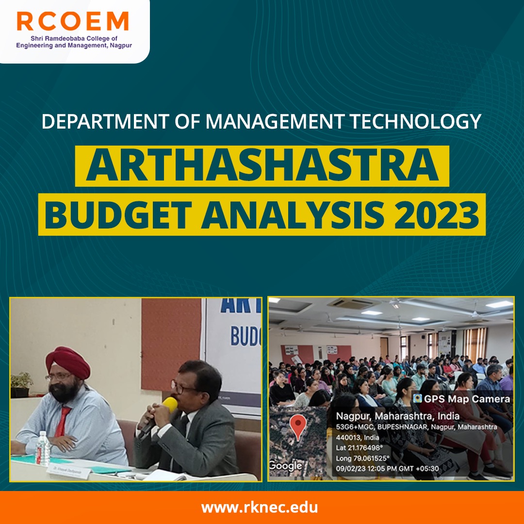 DRcoem's tweet photo. DMT, RCOEM organized an annual event of budget analysis  "Arthashastra" on the 2023 Union Budget of India presented by the Minister of Finance of India on February 01, 2023. 

#RCOEM #dmtrcoem  #nagpur #dmt #budget2023 https://t.co/dLPP20JDFs