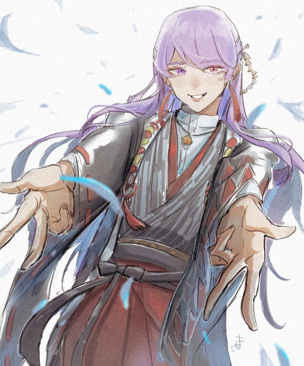 solo purple hair purple eyes long hair smile looking at viewer male focus  illustration images