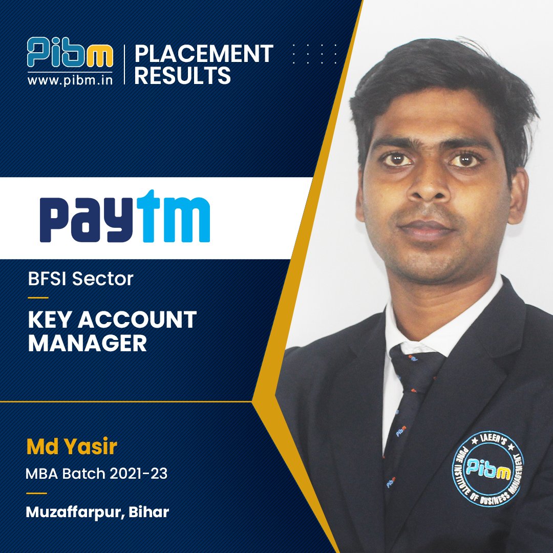 PunePIBM's tweet image. We are delighted to announce that our student Mr. Md. Yasir of Batch 2021-23 got successfully placed at @Paytm as a #KeyAccountManager.

#Placed #placementday #job #jobpost #jobdone #Paytm #PIBMPune #MastersWithPIBM #MBA #mbaplacement #mbajobs #PGDM #pgdmprogram #PIBMPlacements